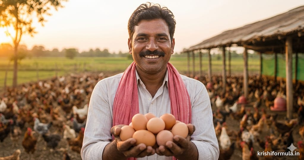 Desi murgi farm me hat me ande liye muskurata hua bharat ka kisan-krishiformula.in